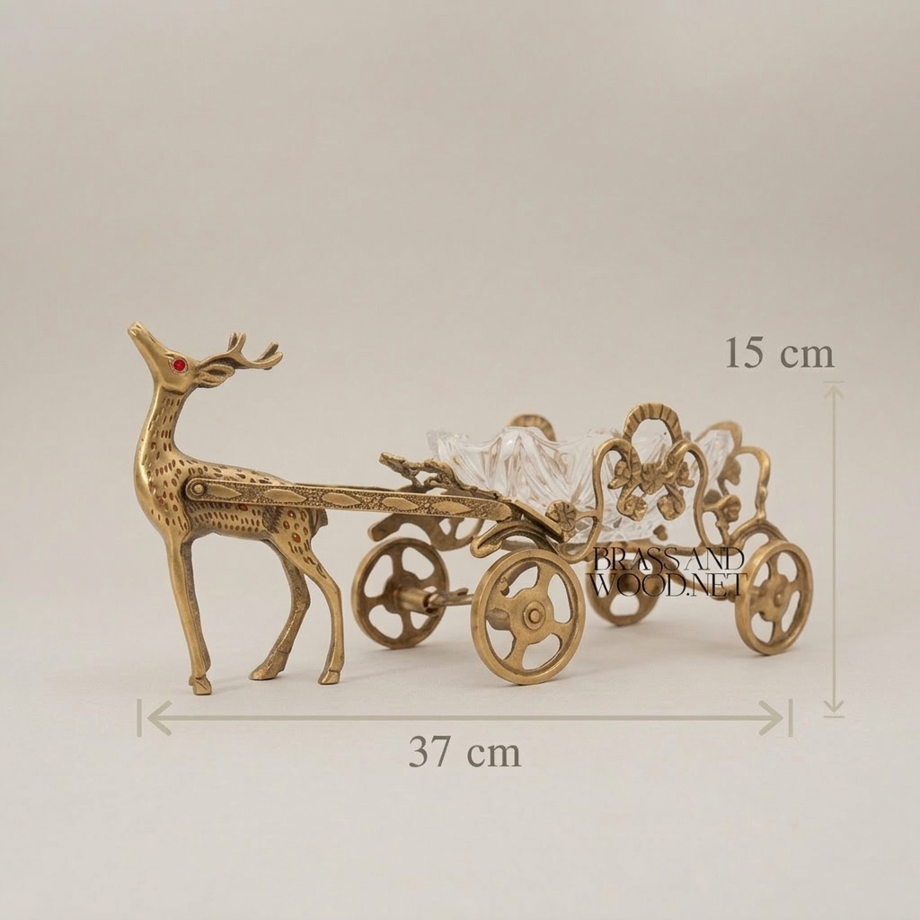 Brass & Crystal Deer ashtray  Decorative Figurine - Ornate Scrollwork Carriage — Antique Gold