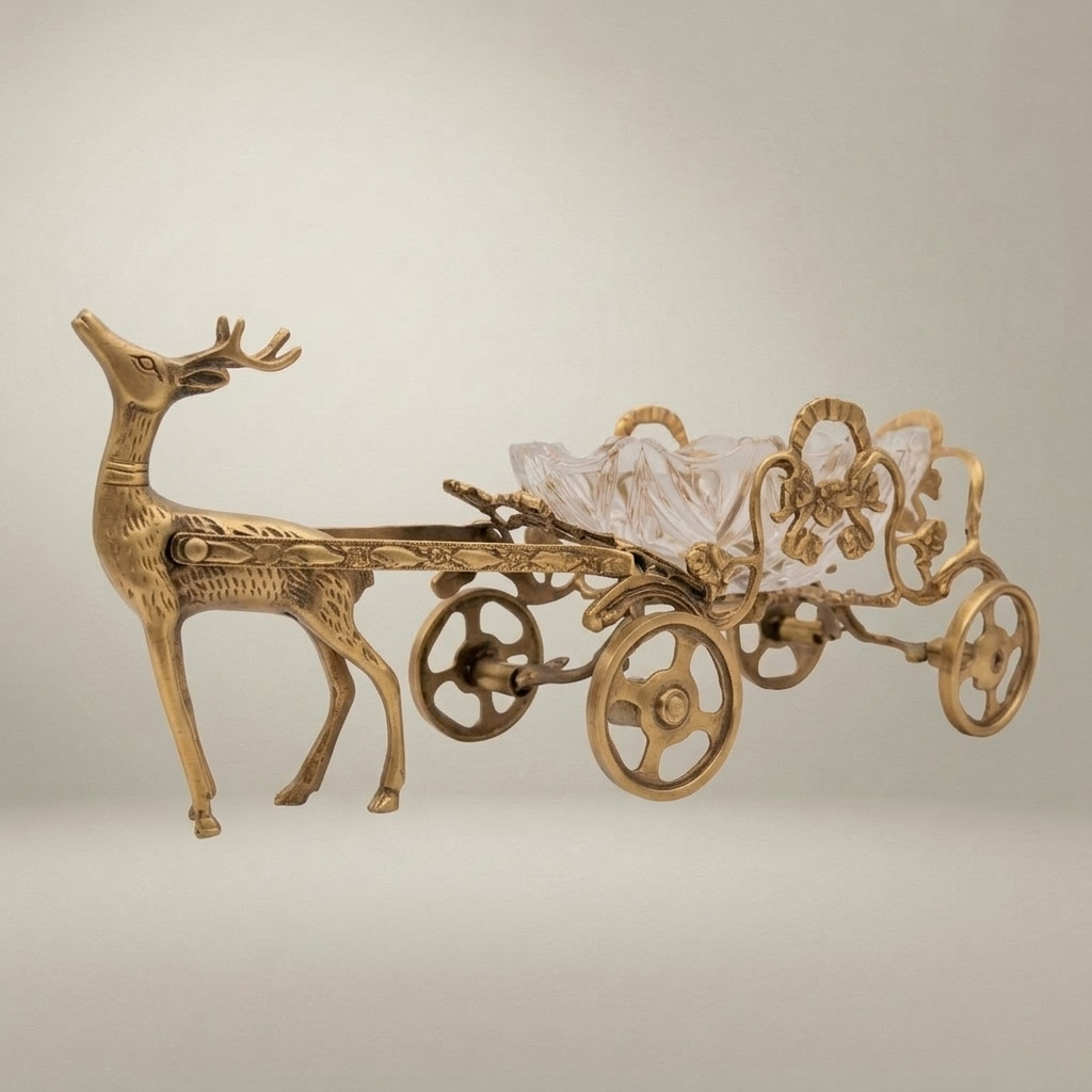Brass & Crystal Deer ashtray  Decorative Figurine - Ornate Scrollwork Carriage — Antique Gold