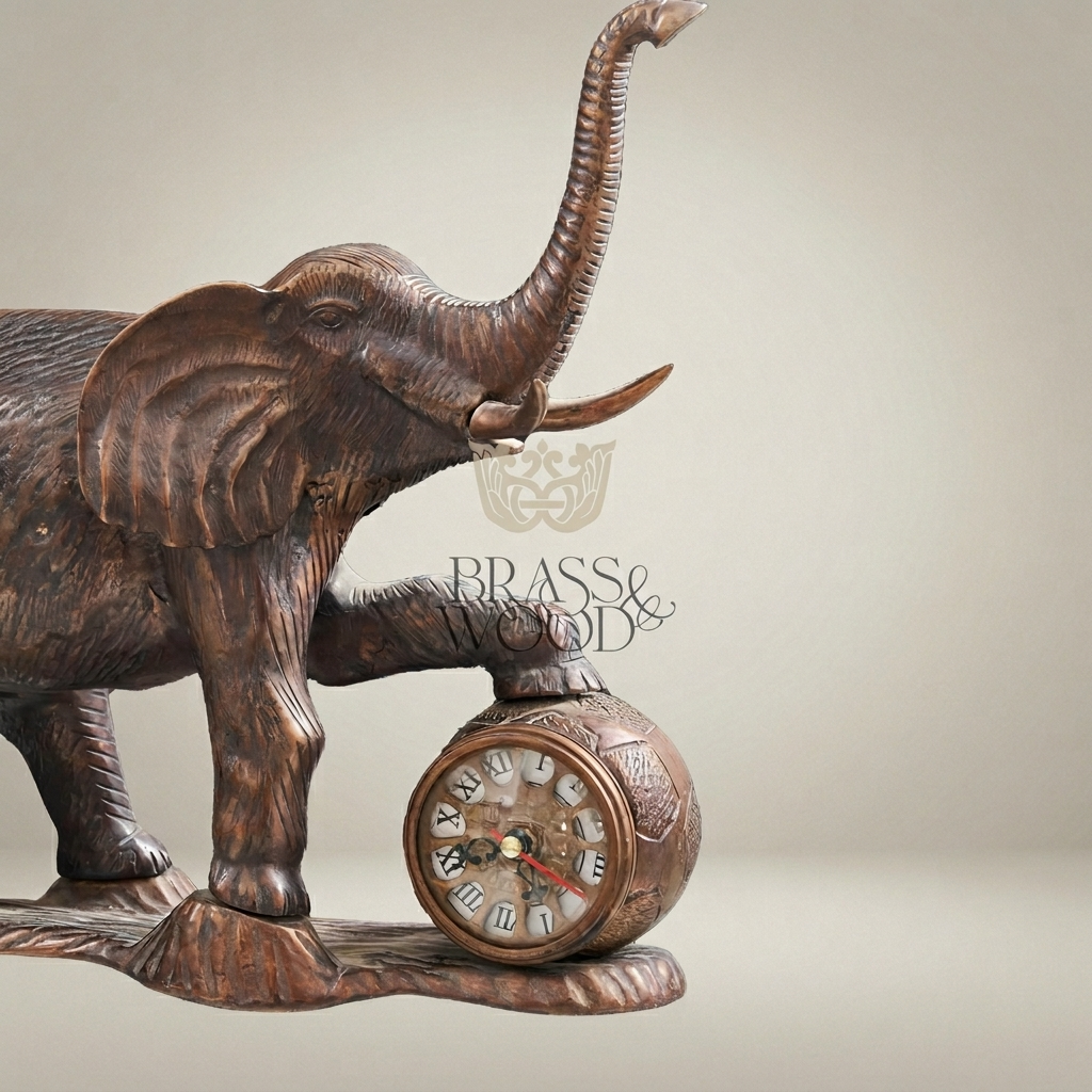 Brass Elephant Figurine Mantel Clock — Trunk-Up Lucky Sculpture — Antique Gold