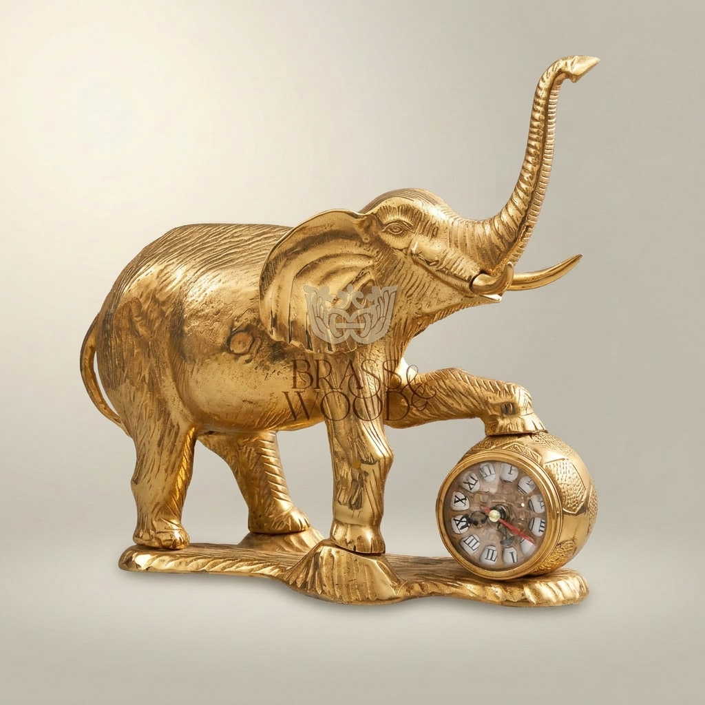 Brass Elephant Figurine Mantel Clock — Trunk-Up Lucky Sculpture — Gold