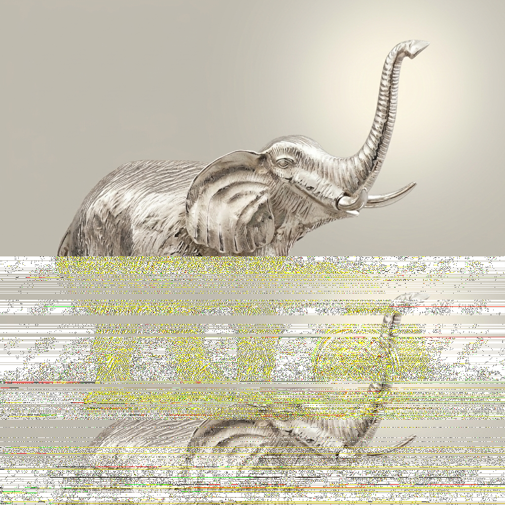 Brass Elephant Figurine Mantel Clock — Trunk-Up Lucky Sculpture — Silver