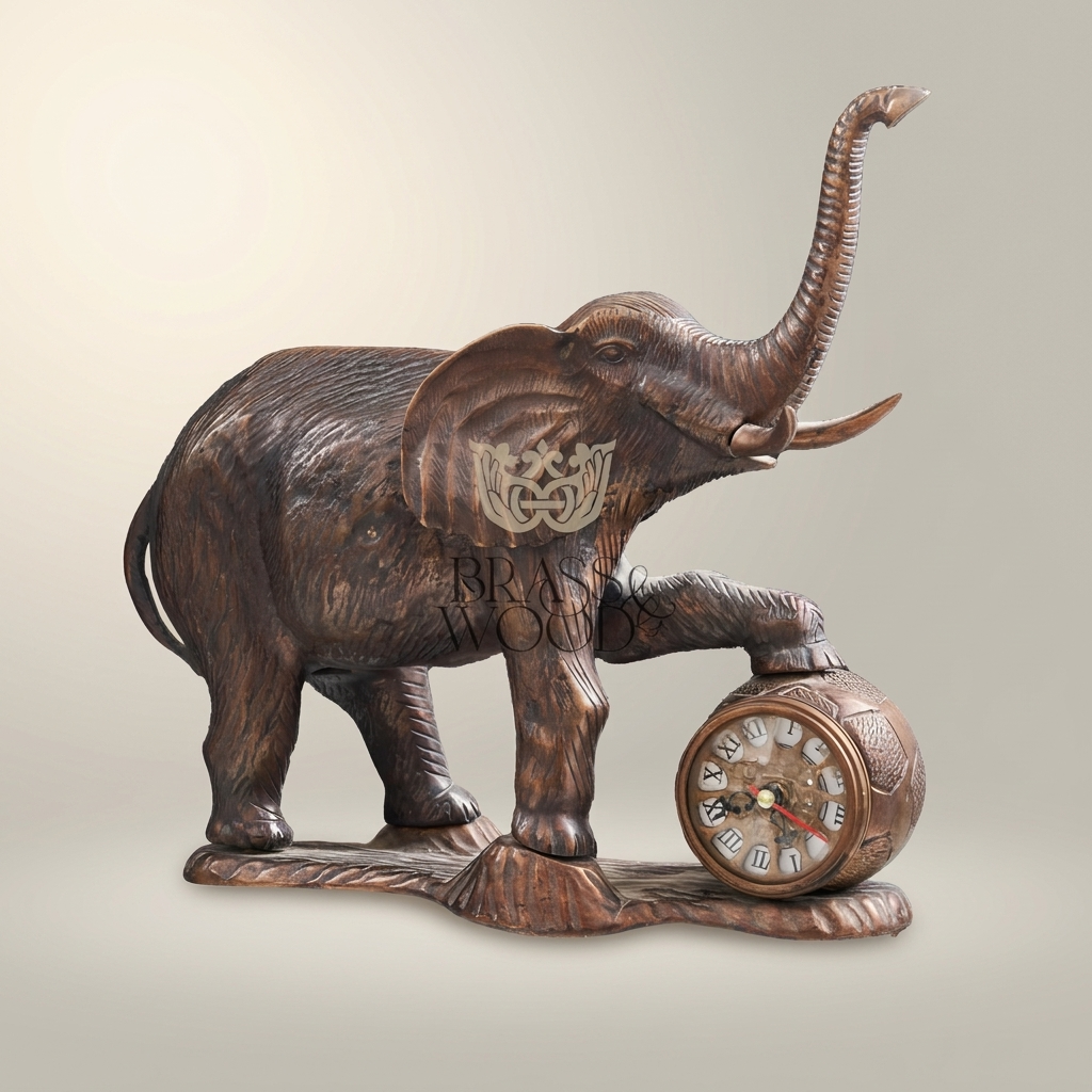 Brass Elephant Figurine Mantel Clock — Trunk-Up Lucky Sculpture — Antique Gold