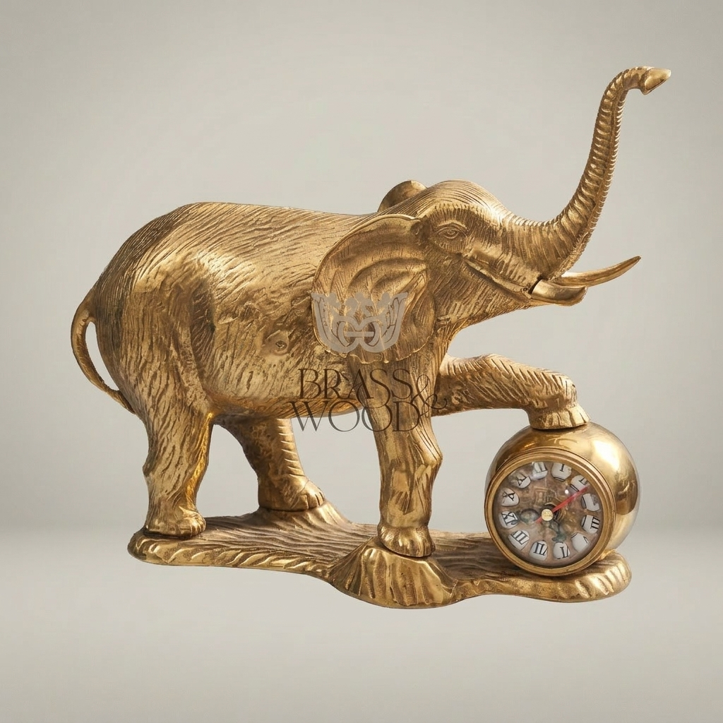 Brass Elephant Figurine Mantel Clock — Trunk-Up Lucky Sculpture