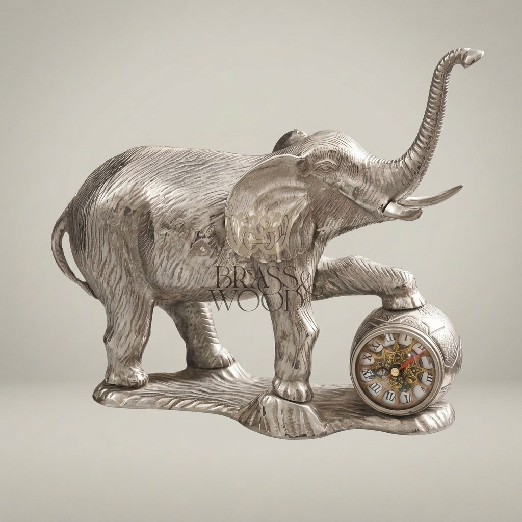 Brass Elephant Figurine Mantel Clock — Trunk-Up Lucky Sculpture — Silver
