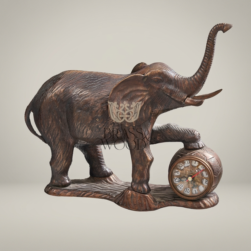 Brass Elephant Figurine Mantel Clock — Trunk-Up Lucky Sculpture — Antique Gold