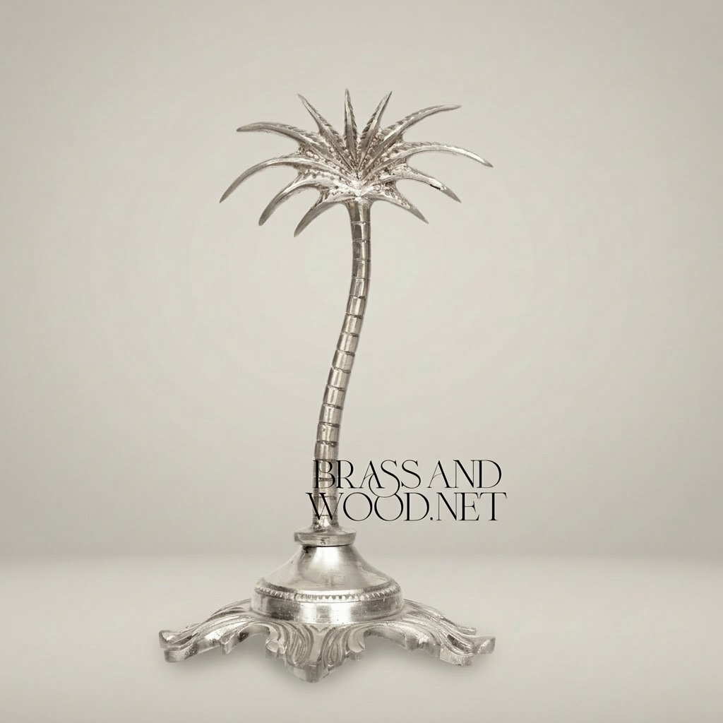 Brass Palm Tree Sculpture with Ornate Acanthus Base — Orientalist Decorative Figurine — Silver
