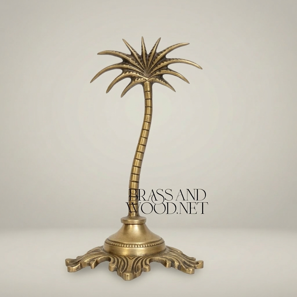 Brass Palm Tree Sculpture with Ornate Acanthus Base — Orientalist Decorative Figurine — Antique Gold