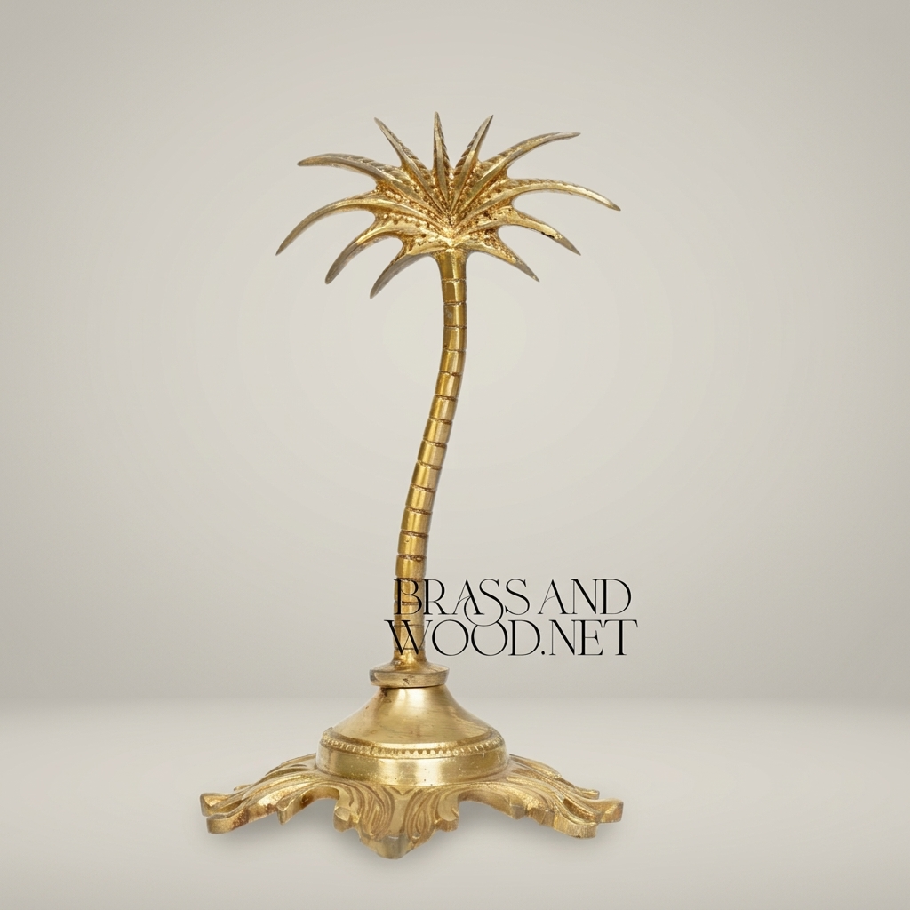 Brass Palm Tree Sculpture with Ornate Acanthus Base — Orientalist Decorative Figurine — Gold
