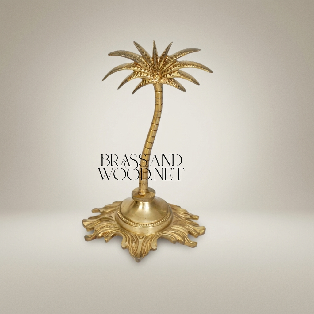 Brass Palm Tree Sculpture with Ornate Acanthus Base — Orientalist Decorative Figurine — Gold