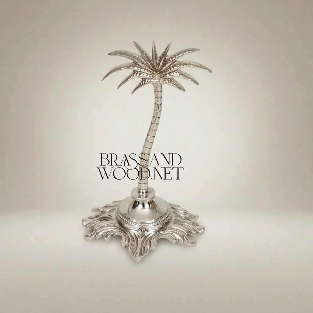 Brass Palm Tree Sculpture with Ornate Acanthus Base — Orientalist Decorative Figurine — Silver