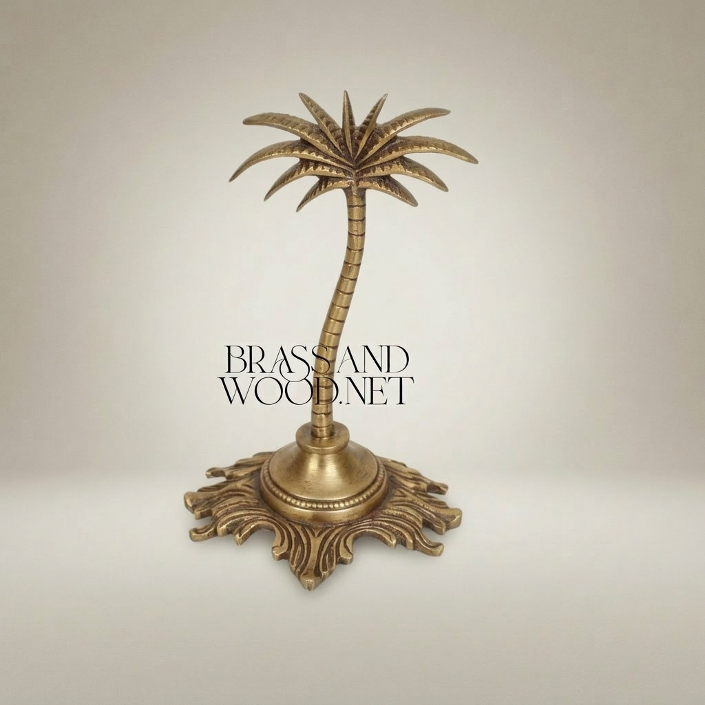 Brass Palm Tree Sculpture with Ornate Acanthus Base — Orientalist Decorative Figurine — Antique Gold