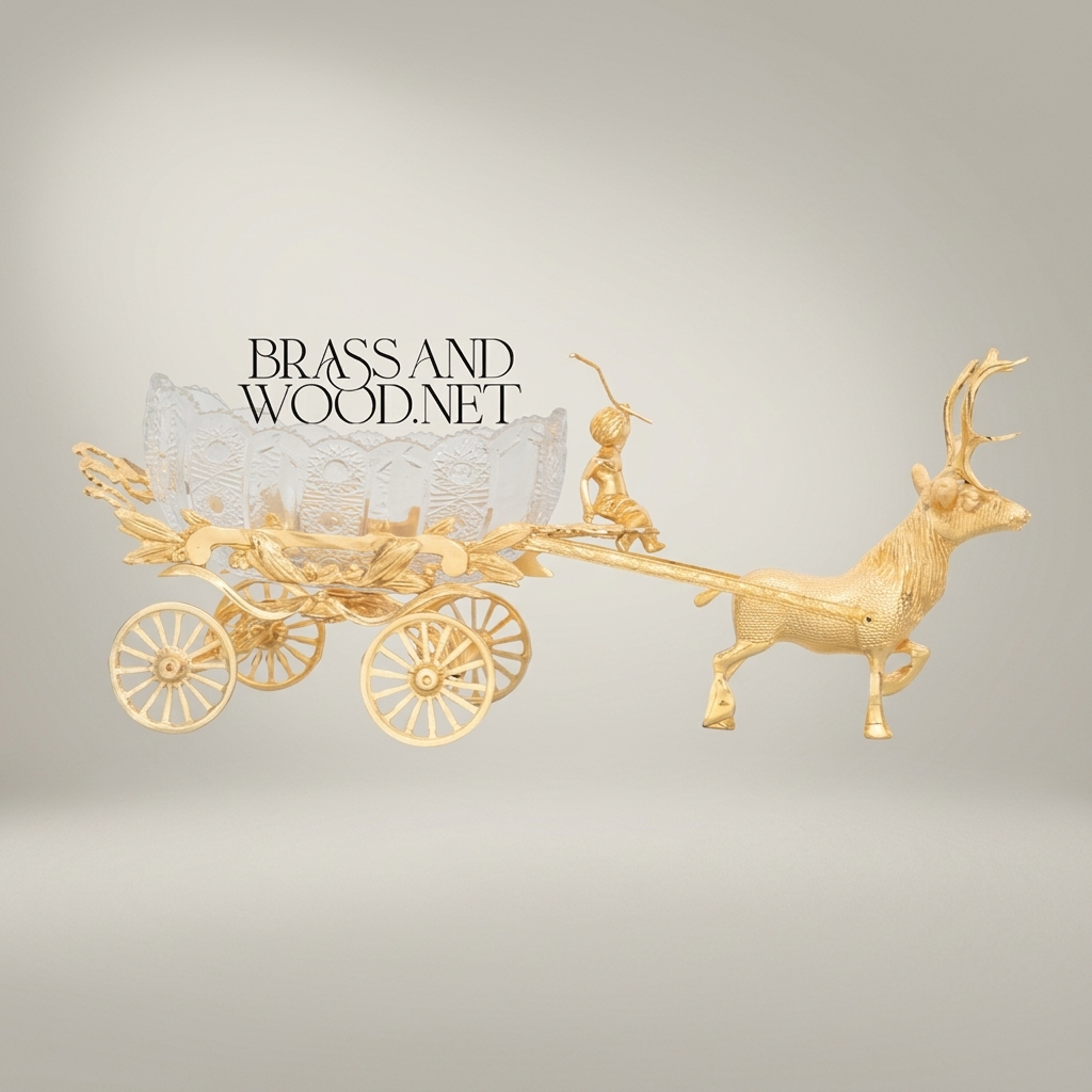 Brass Stag Chariot Decorative Bowl with Crystal Carriage & Figural Driver