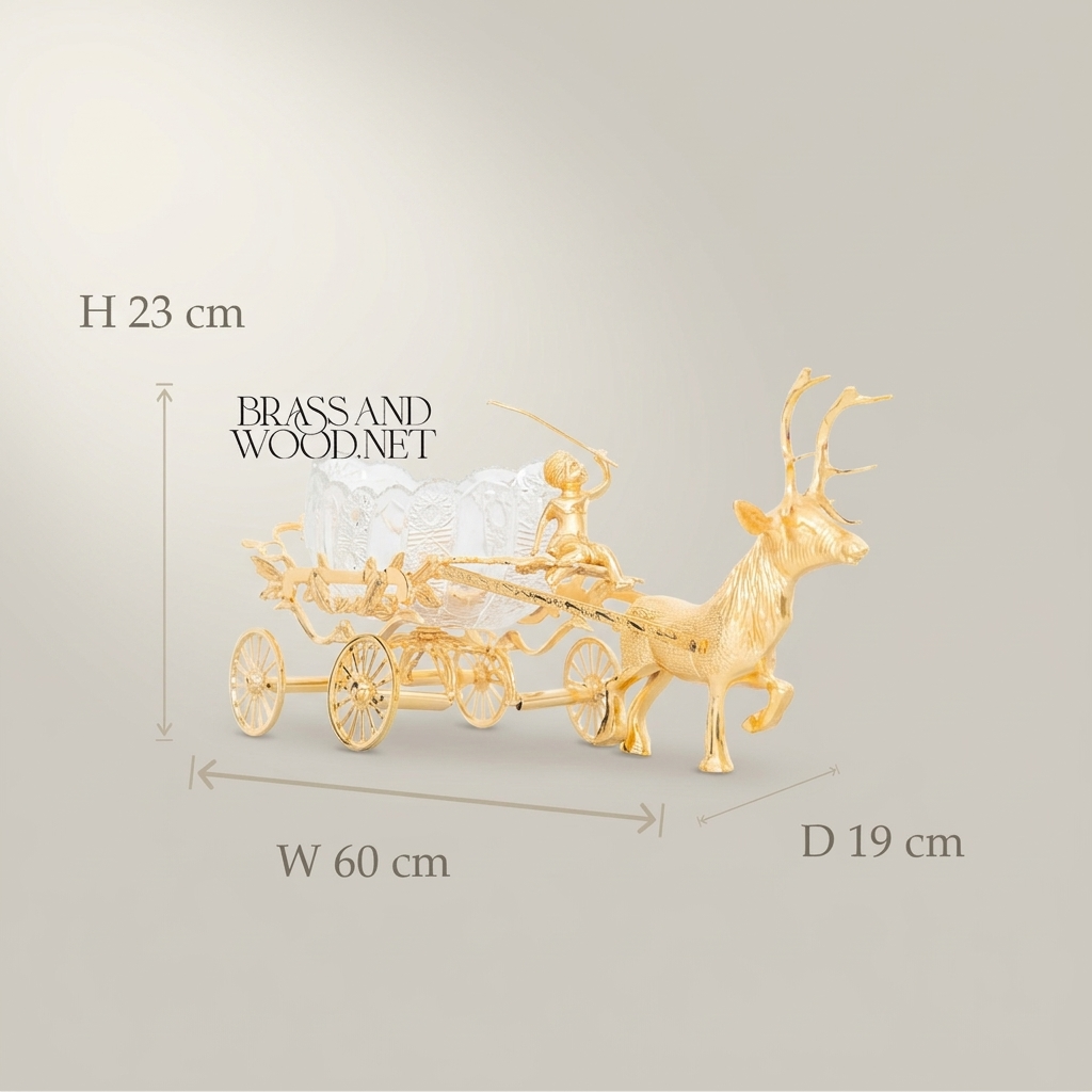 Brass Stag Chariot Decorative Bowl with Crystal Carriage & Figural Driver