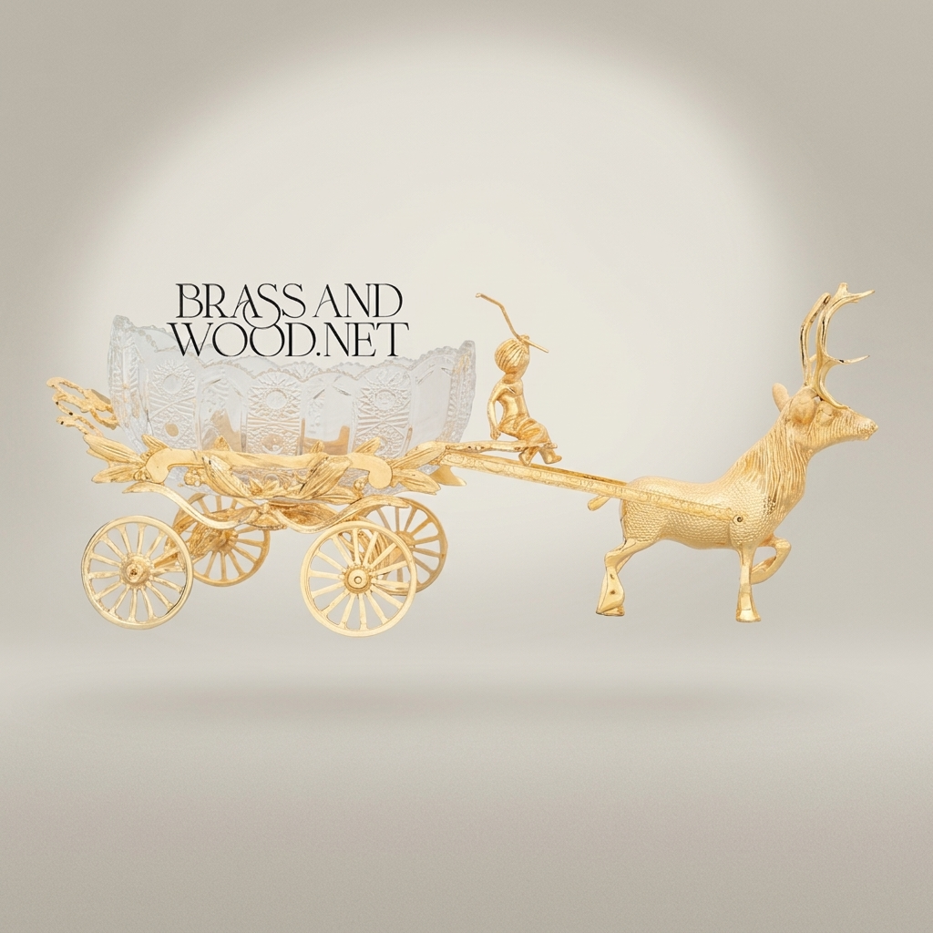 Brass Stag Chariot Decorative Bowl with Crystal Carriage & Figural Driver — Gold