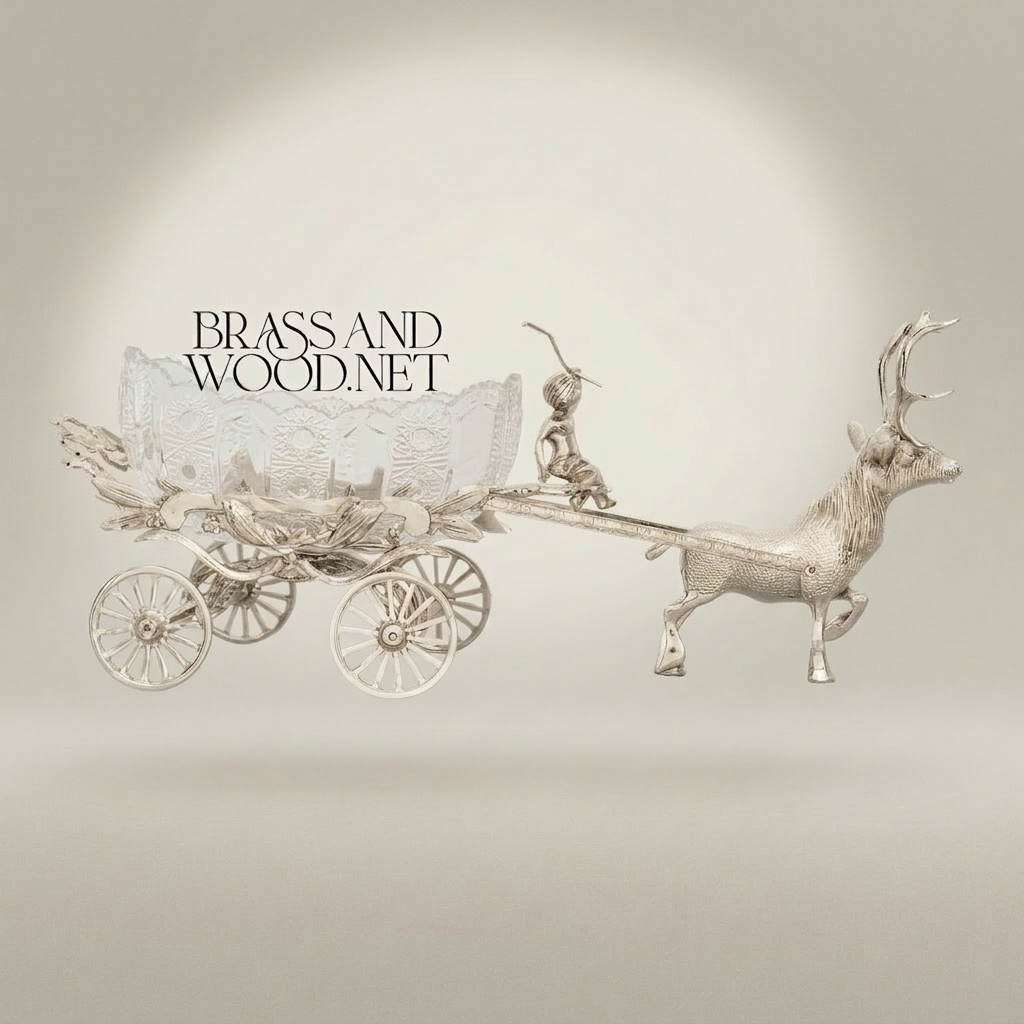 Brass Stag Chariot Decorative Bowl with Crystal Carriage & Figural Driver — Silver