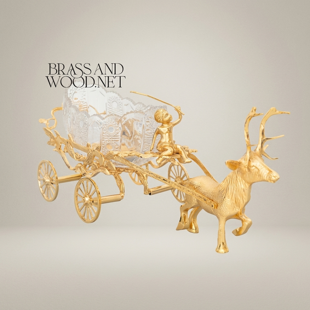 Brass Stag Chariot Decorative Bowl with Crystal Carriage & Figural Driver — Gold
