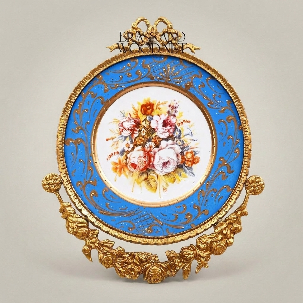 Sèvres-Style Porcelain Decorative Wall Plate with Brass Ribbon Crest