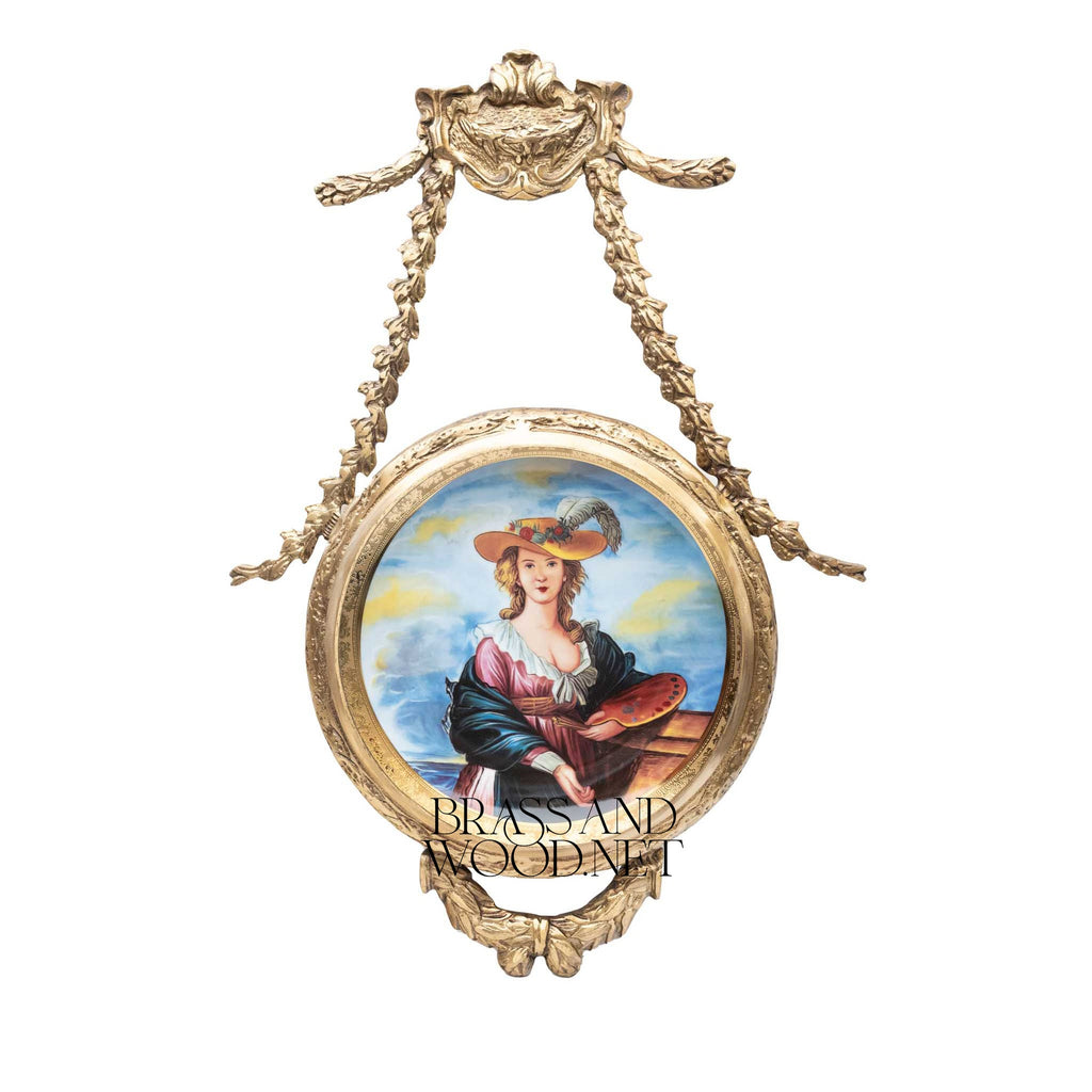 Neoclassical Brass Hanging Decorative Plate with Laurel Swag Frame & Court Scene Porcelain — Antique Gold