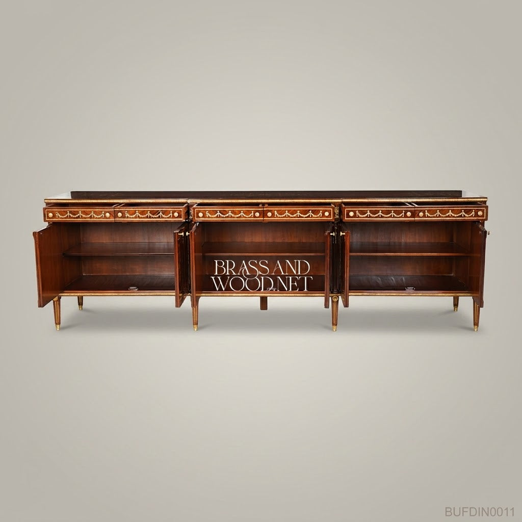 Brass & Wood Louis XVI Marquetry Dining Buffet