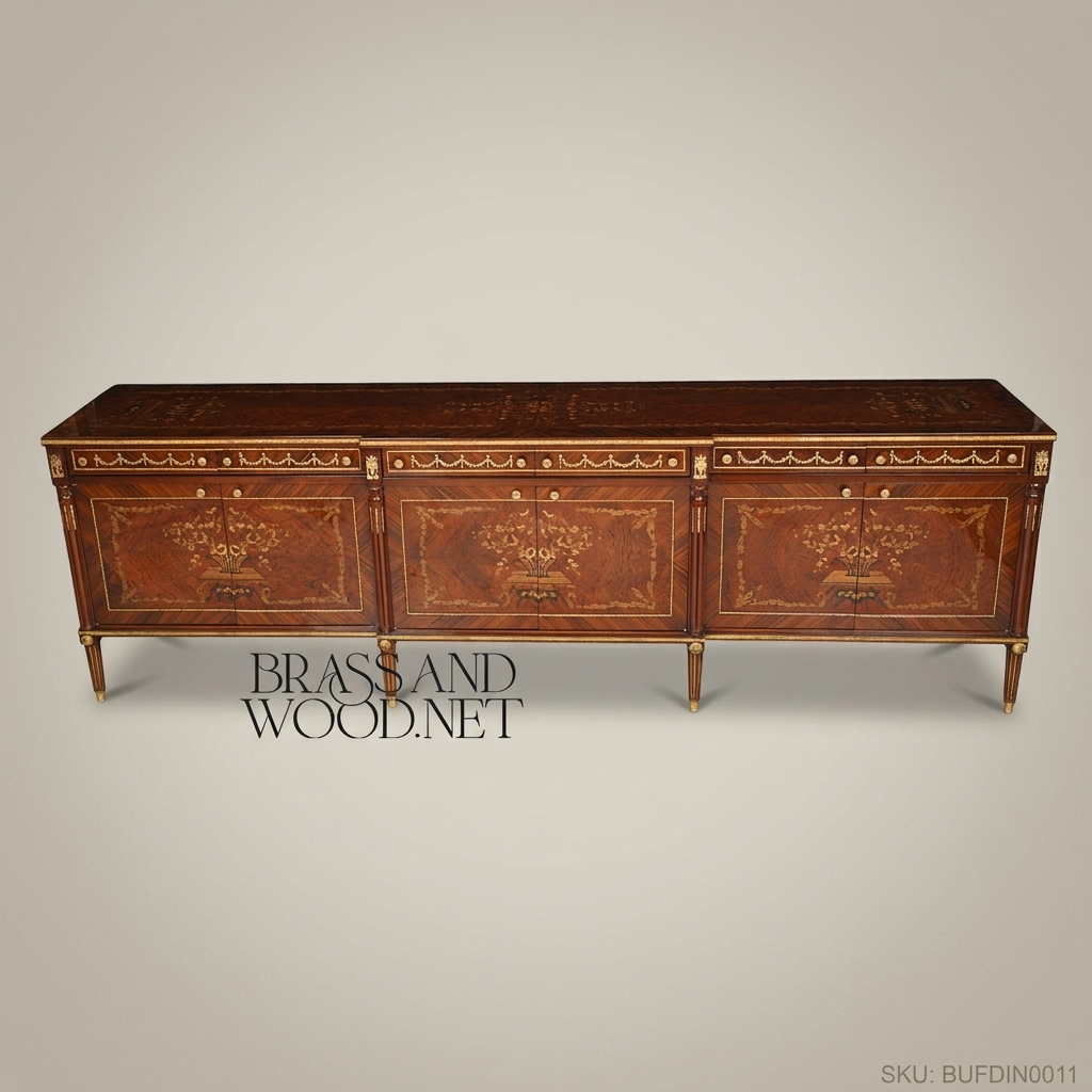 Brass & Wood Louis XVI Marquetry Dining Buffet