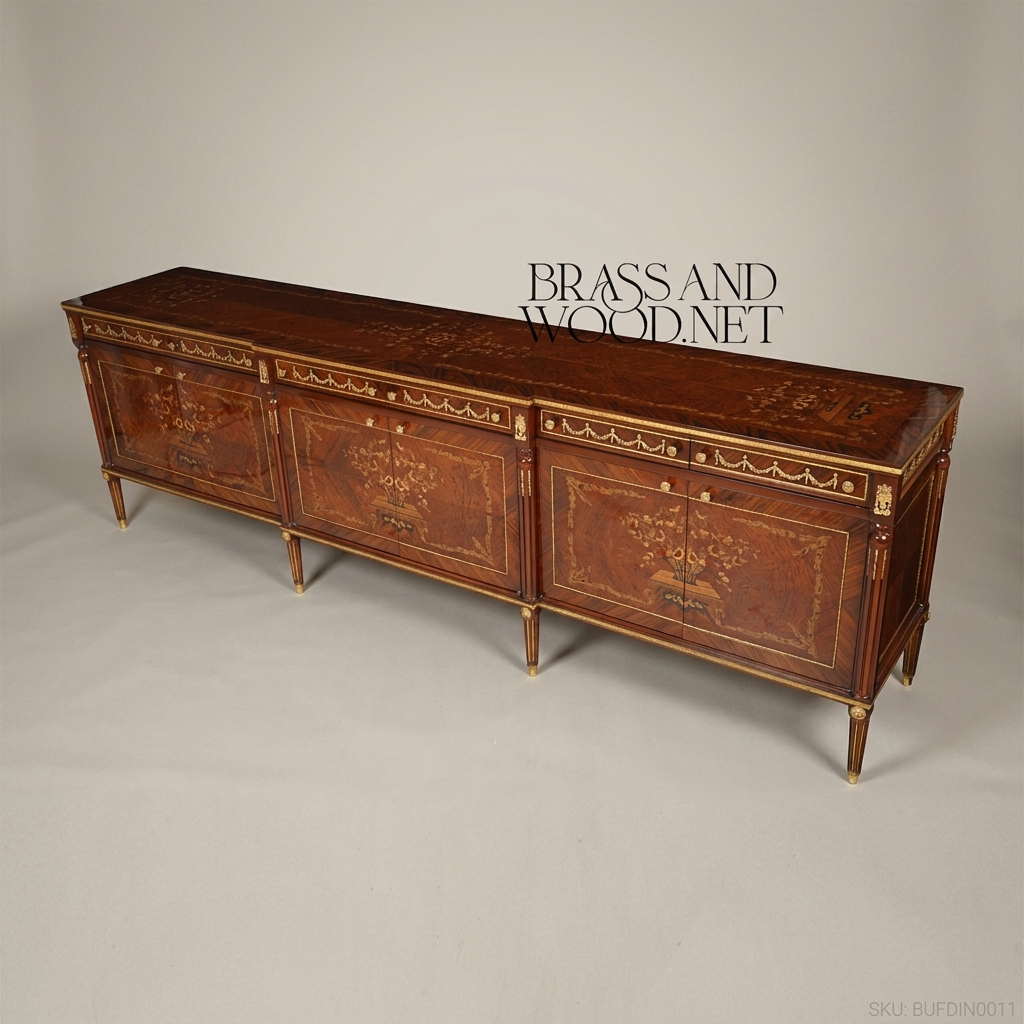 Brass & Wood Louis XVI Marquetry Dining Buffet — 300cm
