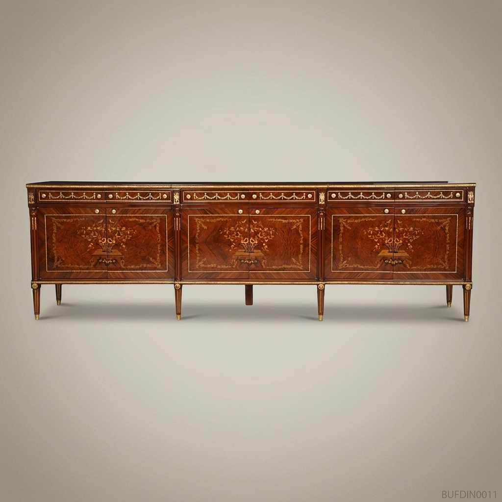 Brass & Wood Louis XVI Marquetry Dining Buffet — 300cm
