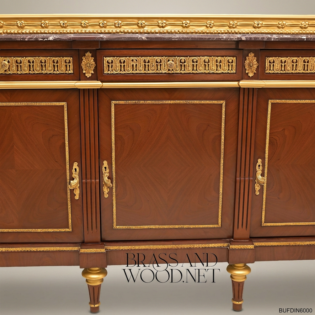 Brass & Wood Louis XVI Marble-Top Buffet with Mirror