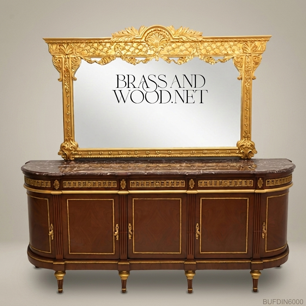 Brass & Wood Louis XVI Marble-Top Buffet with Mirror