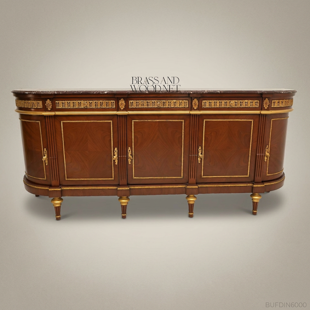Brass & Wood Louis XVI Marble-Top Buffet with Mirror