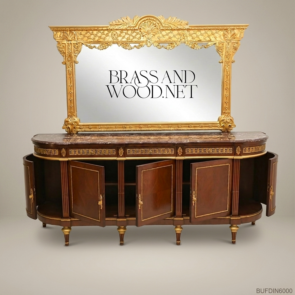 Brass & Wood Louis XVI Marble-Top Buffet with Mirror — 200cm