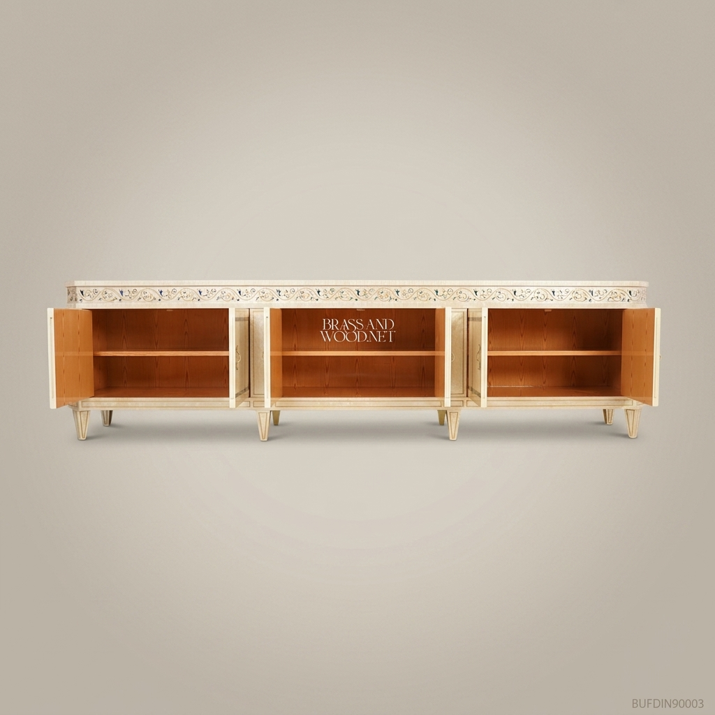 Brass & Wood Neoclassical Inlaid Buffet with Mother of Pearl Panels