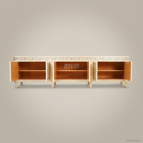 Brass & Wood Neoclassical Inlaid Buffet with Mother of Pearl Panels