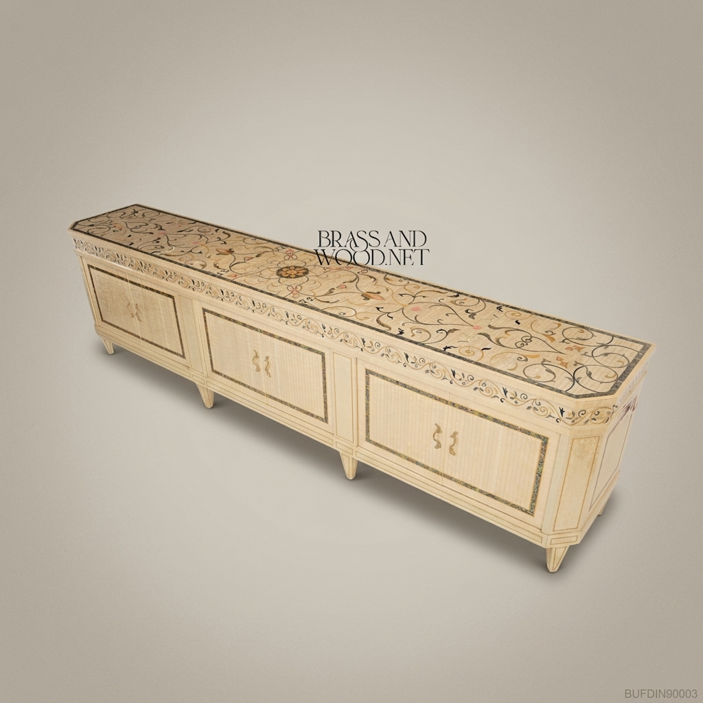 Brass & Wood Neoclassical Inlaid Buffet with Mother of Pearl Panels