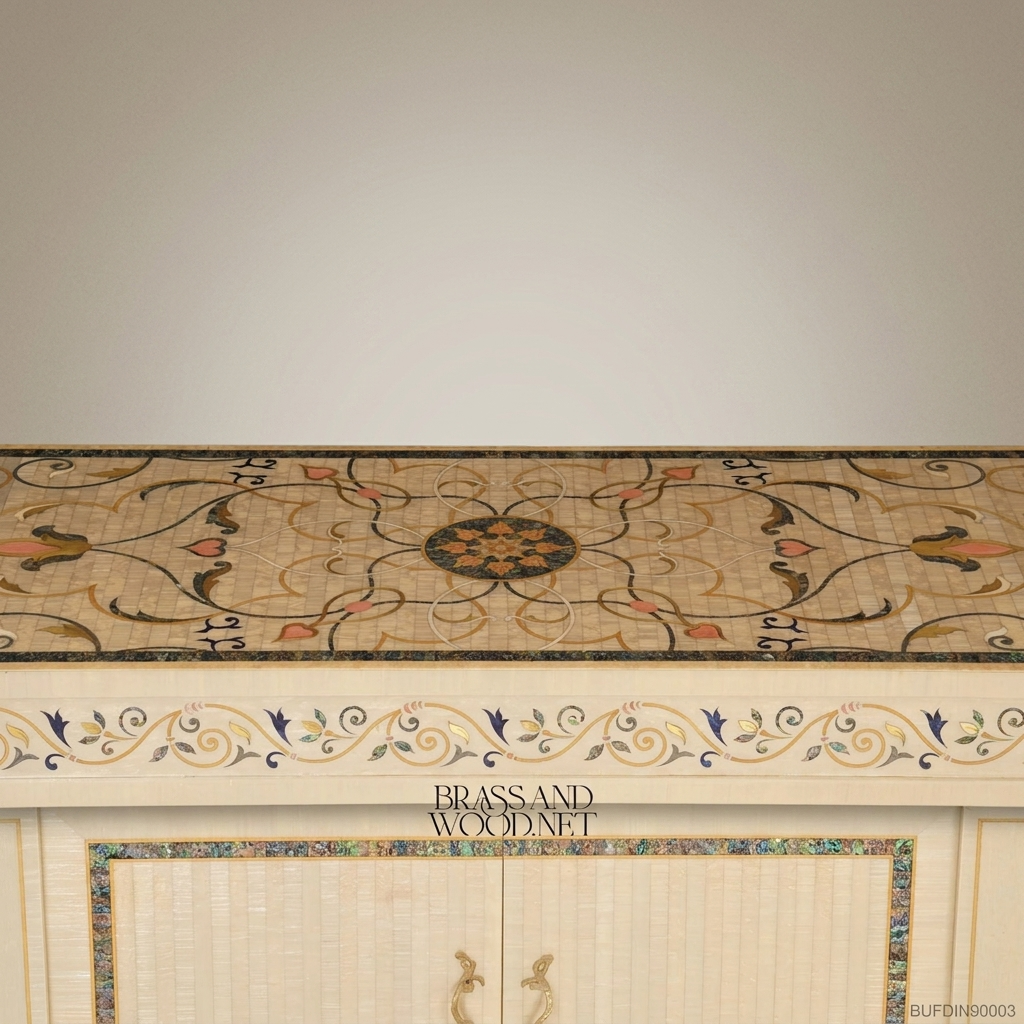 Brass & Wood Neoclassical Inlaid Buffet with Mother of Pearl Panels