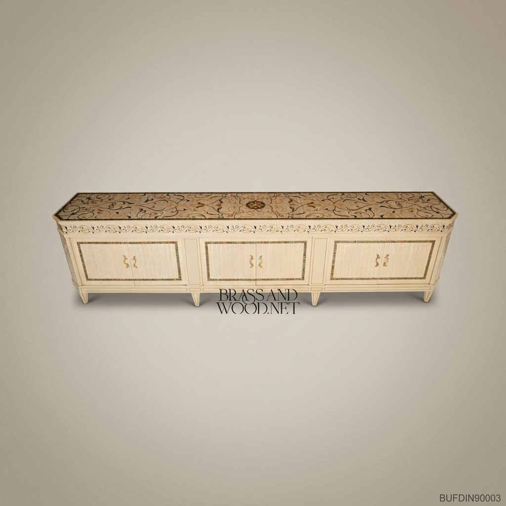 Brass & Wood Neoclassical Inlaid Buffet with Mother of Pearl Panels — 550cm