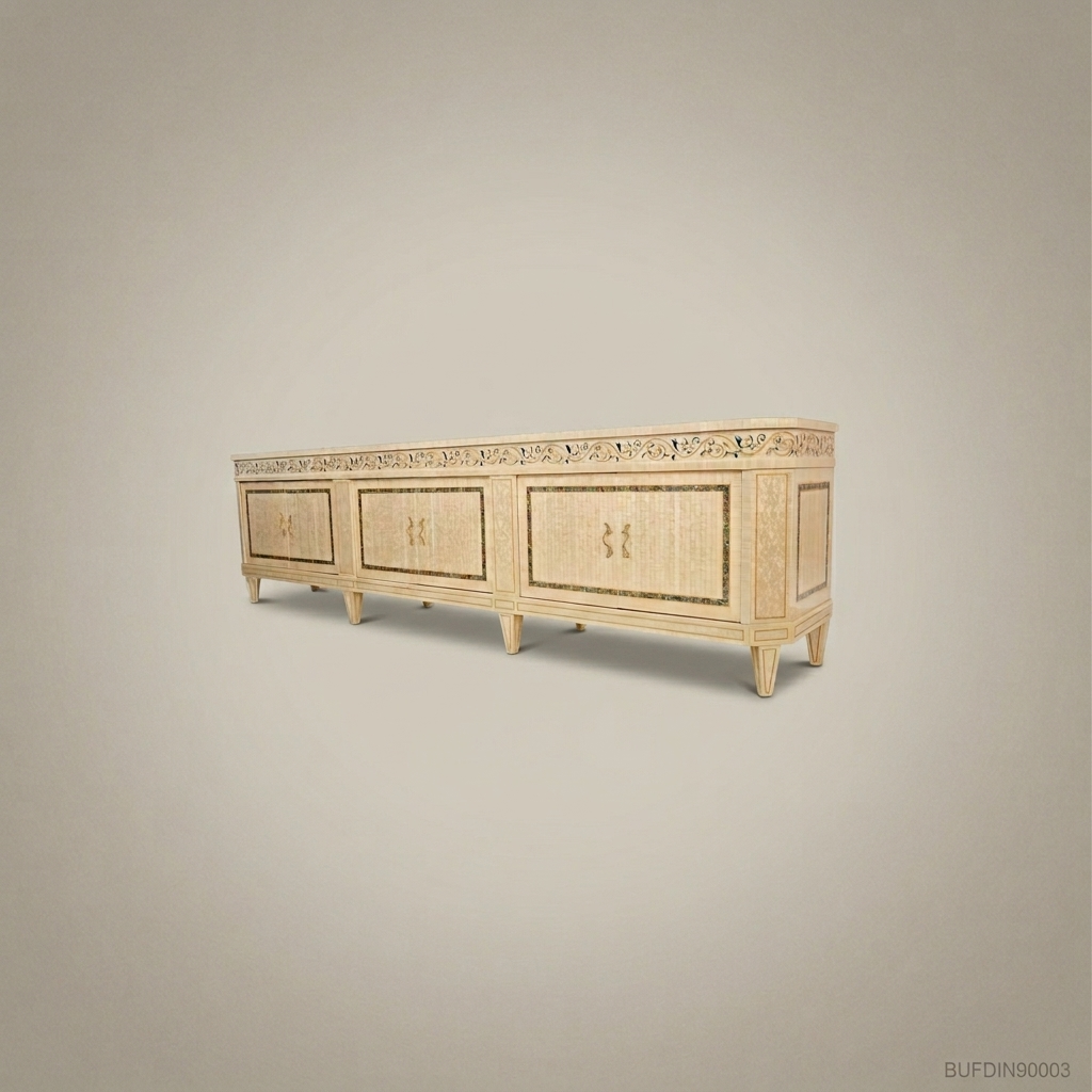 Brass & Wood Neoclassical Inlaid Buffet with Mother of Pearl Panels — 550cm