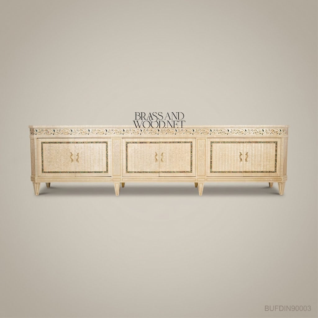 Brass & Wood Neoclassical Inlaid Buffet with Mother of Pearl Panels — 600cm