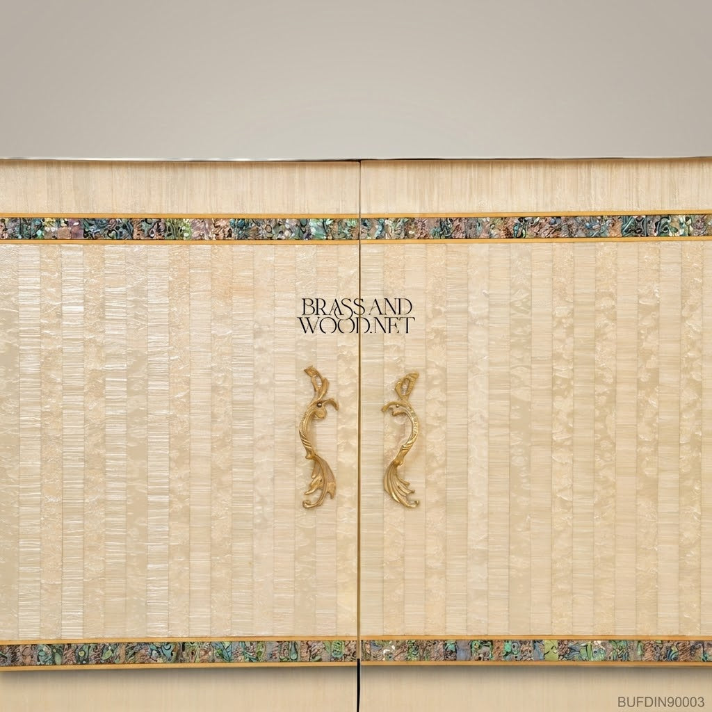 Brass & Wood Neoclassical Inlaid Buffet with Mother of Pearl Panels — 600cm