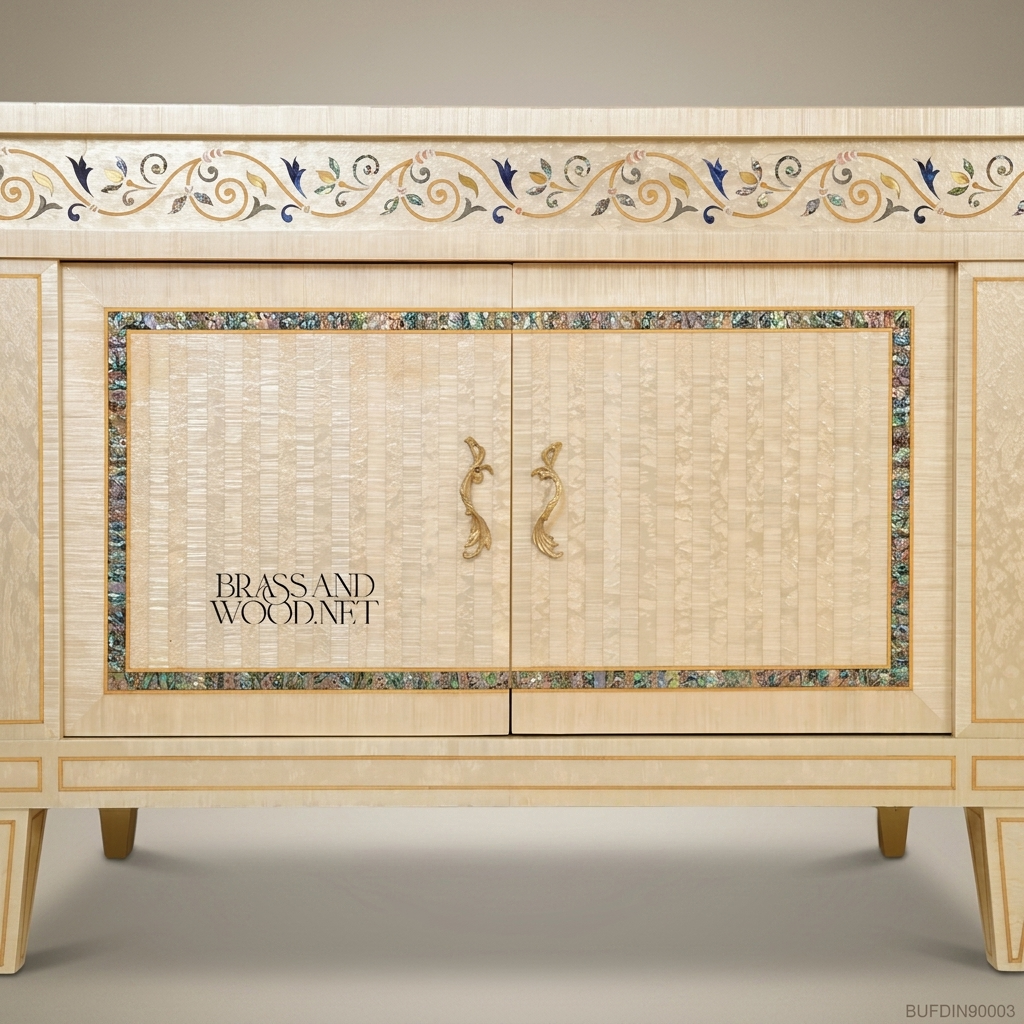 Brass & Wood Neoclassical Inlaid Buffet with Mother of Pearl Panels — 600cm