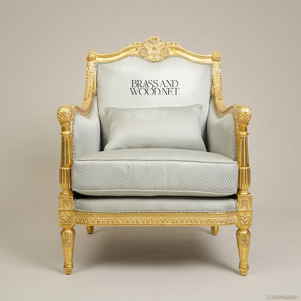 Louis XVI Gilded Wood Salon Armchair with Silver-Grey Upholstery