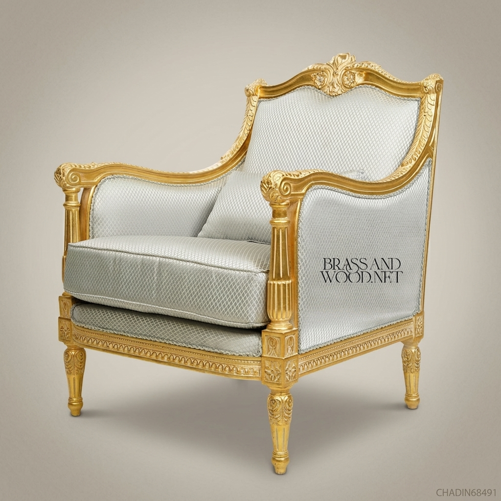 Louis XVI Gilded Wood Salon Armchair with Silver-Grey Upholstery