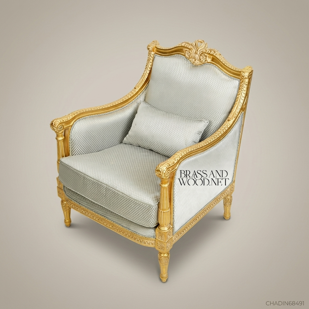 Louis XVI Gilded Wood Salon Armchair with Silver-Grey Upholstery