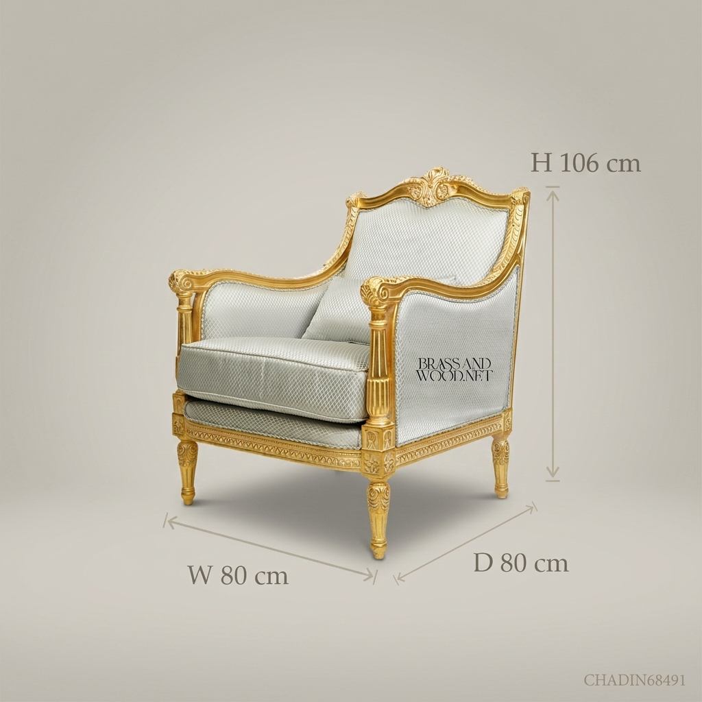 Louis XVI Gilded Wood Salon Armchair with Silver-Grey Upholstery