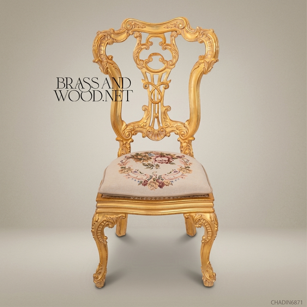 Brass & Wood Rococo Gold Dining Chair — Without Arms