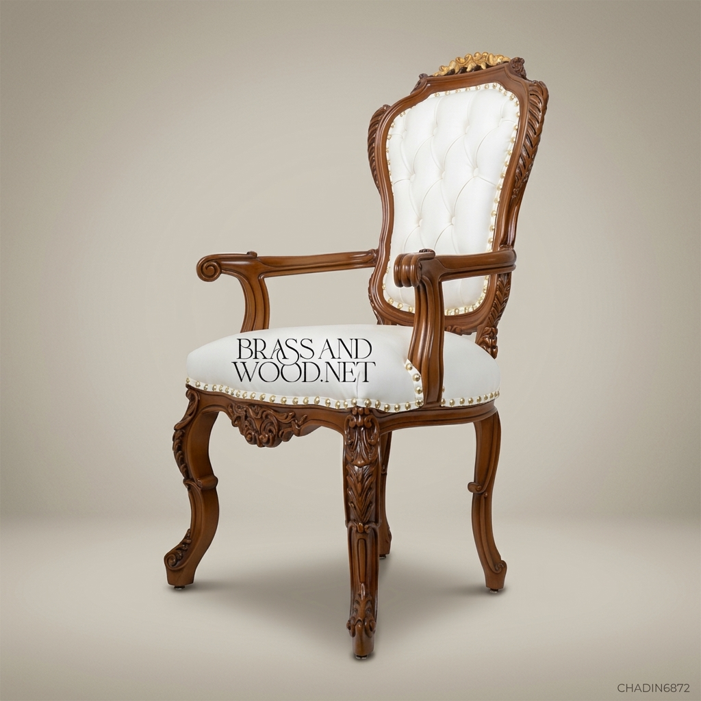 Brass & Wood Rococo Gold Dining Chair — With Arms