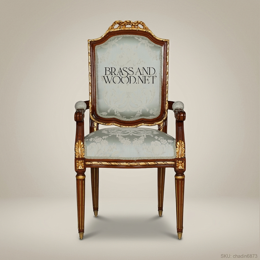 Brass & Wood Louis XVI Damask Dining Chair — With Arms