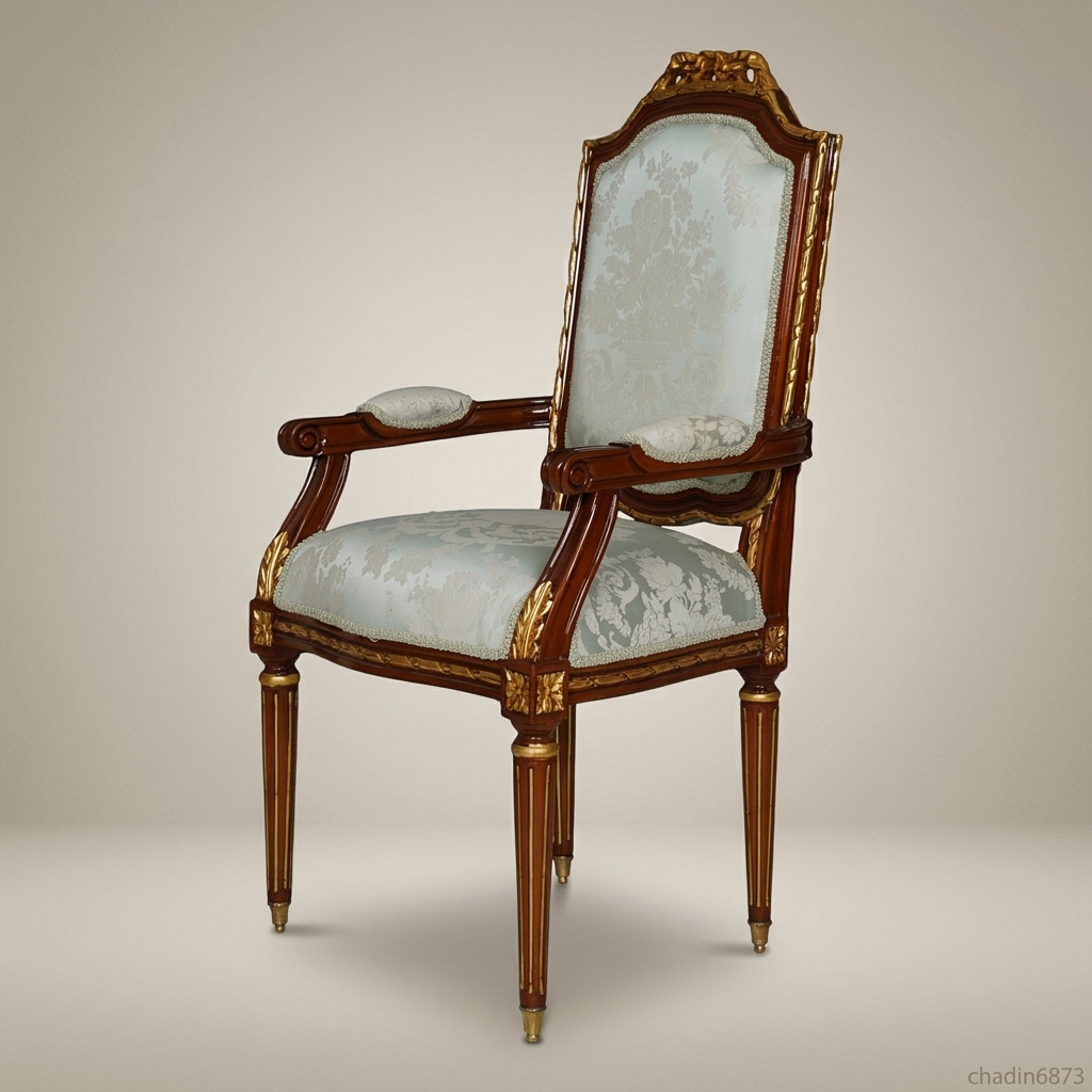 Brass & Wood Louis XVI Damask Dining Chair — With Arms