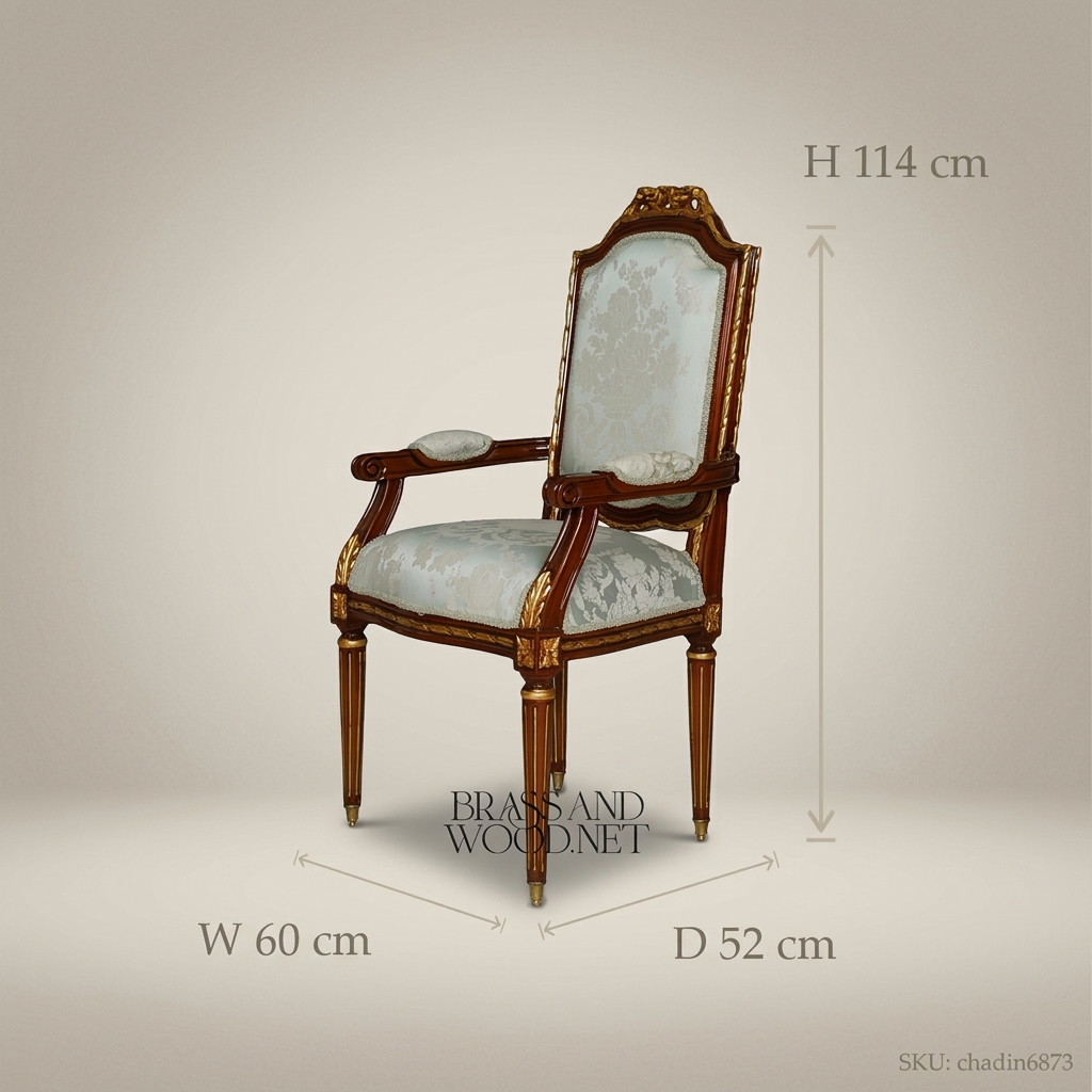 Brass & Wood Louis XVI Damask Dining Chair — With Arms