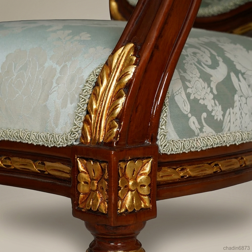 Brass & Wood Louis XVI Damask Dining Chair — With Arms