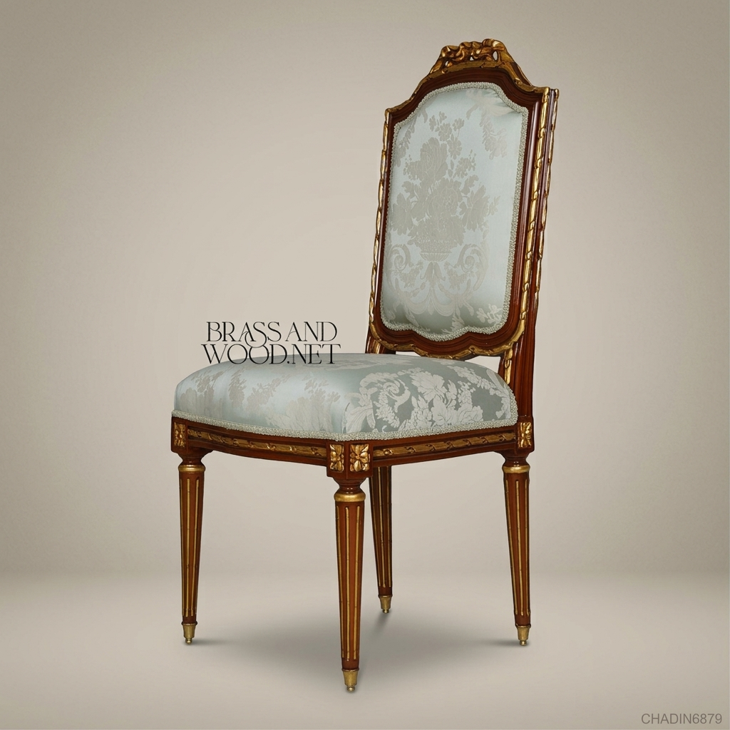 Brass & Wood Louis XVI Damask Dining Chair — Without Arms